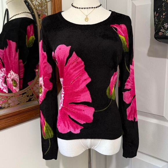 Y2K Elizabeth NY Black & Pink Floral Graphic Beaded Rhinestone Fuzzy Sweater M - Picture 1 of 8